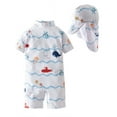 thumbnail image 1 of Kid Boys Chic Animals Printed One-Piece Rash Guard with Sun Hat 2pcs Swimsuit Pool Swimwear Beach Bathing Suit (The Sea White, 5), 1 of 4