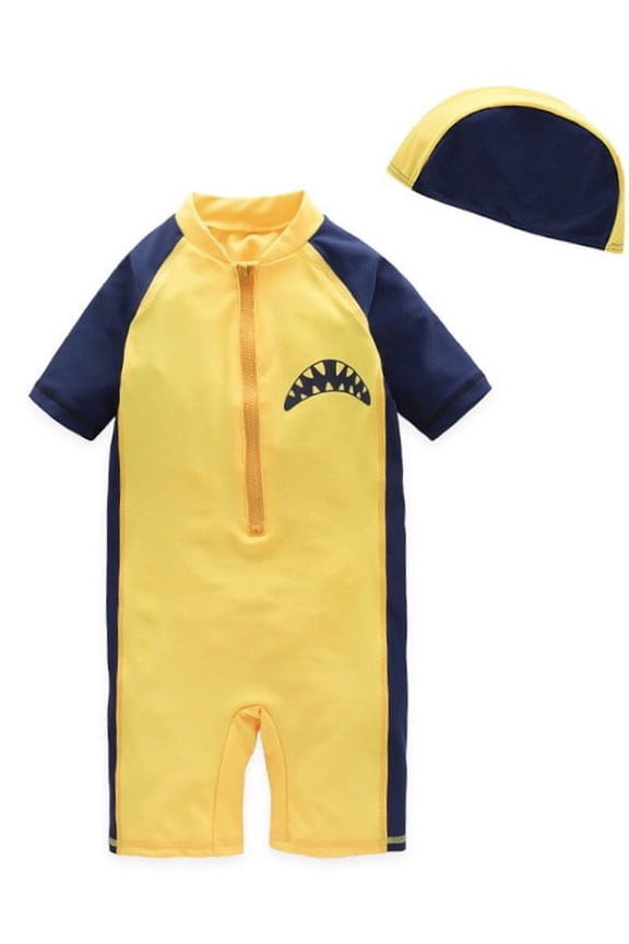 Kid Boys Chic Animals Printed One-Piece Rash Guard with Sun Hat 2pcs Swimsuit Pool Swimwear Beach Bathing Suit (Yellow Shark, 4T)