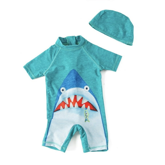 Kid Boys Chic Animals Printed Tiffany Blue Shark One-Piece Rash Guard with Sun Hat 2pcs Swimsuit Pool Beach Bathing Suit (5)