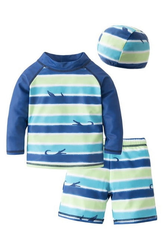 Kid Boys Chic Blue Alligator Printed One-Piece Rash Guard with Sun Hat 2pcs Swimsuit Pool Beach Bathing Suit