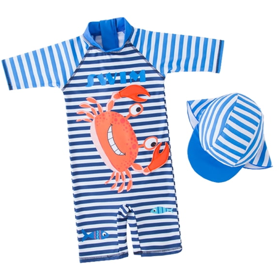 Kid Boys Chic Crab Printed One-Piece Rash Guard with Sun Hat 2pcs Swimsuit Pool Swimwear Beach Bathing Suit (Crab/Stripes, 3T)