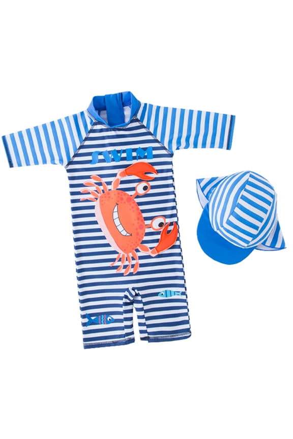 Kid Boys Chic Crab Printed One-Piece Rash Guard with Sun Hat 2pcs Swimsuit Pool Swimwear Beach Bathing Suit