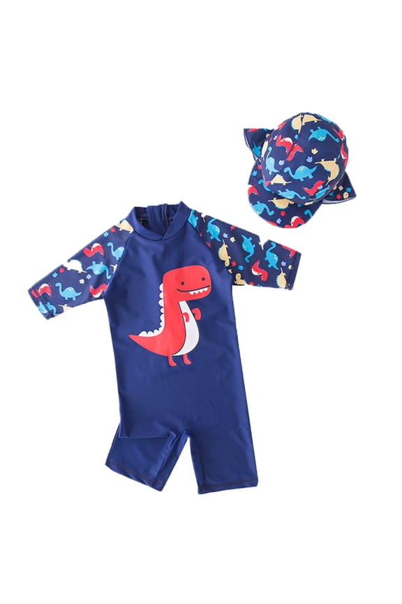 Kid Boys Chic Dinosuar Printed One-Piece Rash Guard with Sun Hat 2pcs Swimsuit Pool Swimwear Beach Bathing Suit