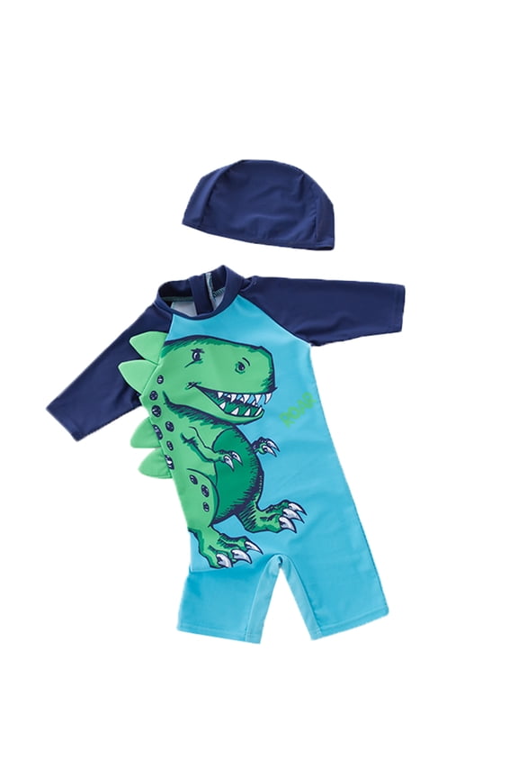 Kid Boys Chic Green Dinosaur Printed One-Piece Rash Guard with Sun Hat 2pcs Swimsuit Pool Swimwear Beach Bathing Suit