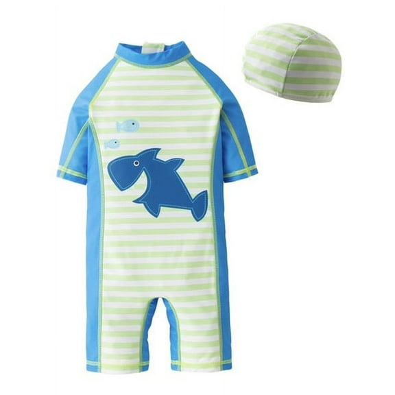 Kid Boys Chic Green Stripes Whale Printed One-Piece Rash Guard with Sun Hat 2pcs Swimsuit Pool Beach Bathing Suit
