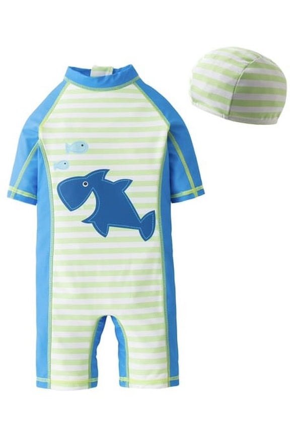 Kid Boys Chic Green Stripes Whale Printed One-Piece Rash Guard with Sun Hat 2pcs Swimsuit Pool Beach Bathing Suit