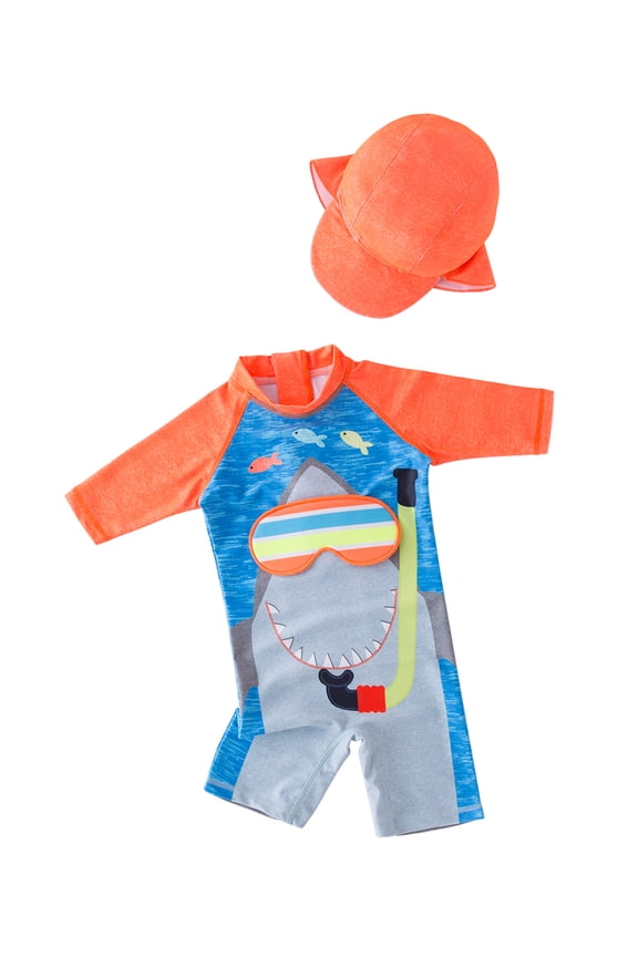 Kid Boys Chic Orange Shark Printed One-Piece Rash Guard with Sun Hat 2pcs Swimsuit Pool Beach Bathing Suit