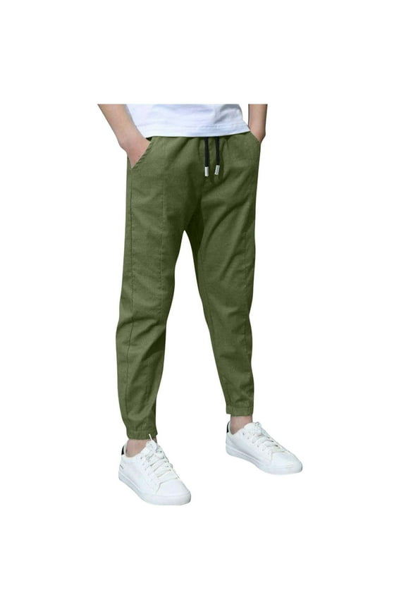 Kid Boys Cotton Linen Jogger Pants Full Length Drawstring Pant Lightweight Athletic Sweatpants with Pockets