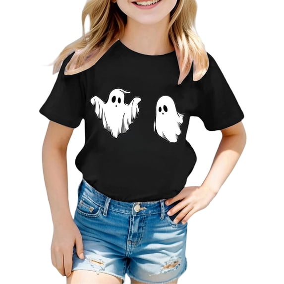 Kid Boys Girls Halloween Shirts Cute Ghost Friends Themed T-Shirt Crew Neck Short Sleeve Fall Outfits (A10-Black 8-9 Years)