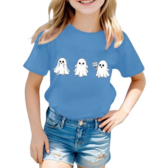Kid Boys Girls Halloween Shirts Cute Ghost Friends Themed T-Shirt Crew Neck Short Sleeve Fall Outfits (A7-Blue 3-4 Years)