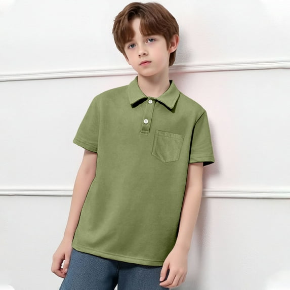 Kid Boys Polo Shirt Army Green Collar Shirt Rugby Button Down Shirt Kids Short Sleeve Shirts Boys Clothes Size 9-10 Years