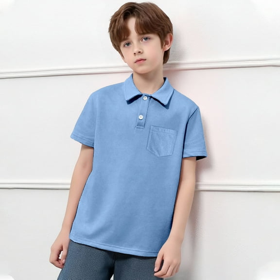 Kid Boys' Polo Shirt Sky Blue Collar Shirt Button Up Shirt Boys Short Sleeve Polo Boys Shirts Size 11-12 Years