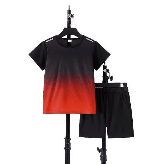 Kid Boys Quick-drying Mesh Tracksuit Black and Red Gradient Letter Graphics Crew Neck T-shirt Elastic Sports Pocket Shorts 2Pcs Summer Clothes Set