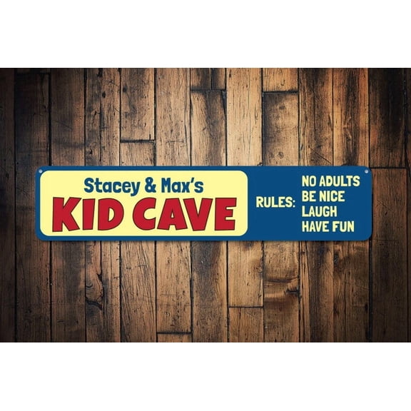 Kid Cave Rules Sign Custom Kid Name Playroom Sign No Adults Be Nice Laugh Have Fun Sign Child Bedroom Decor - Customs - Size: 16 x 4 Inches