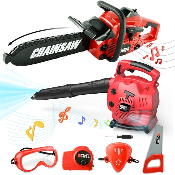 YCFUN 2-in-1 Kids Leaf Blower & Toy Chainsaw Set, Pretend Play Real Working Lawn Garden Tools with Sound, Outdoor Role Play Toy