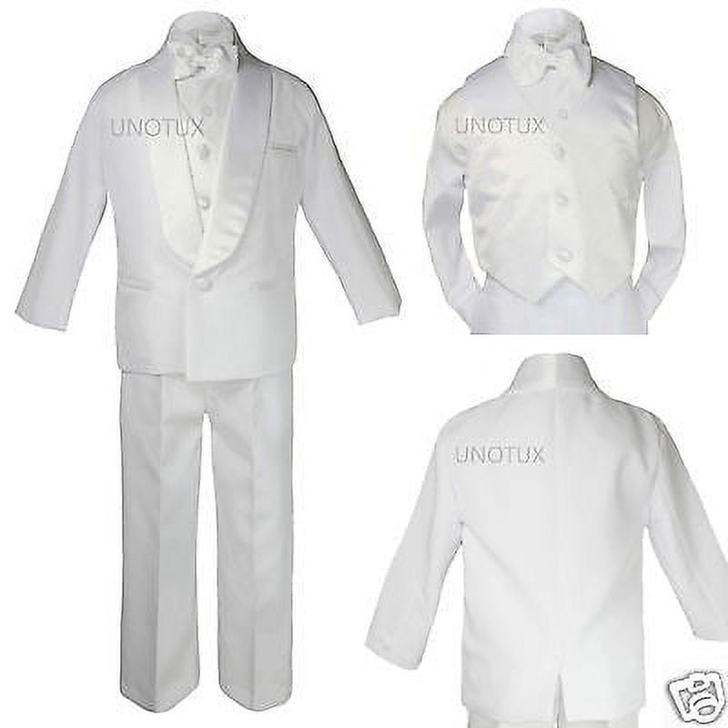 Boys White Satin Shawl Lapel Tuxedo Suit Set - 5-7pc With Red Bow Tie, Sizes SM-7