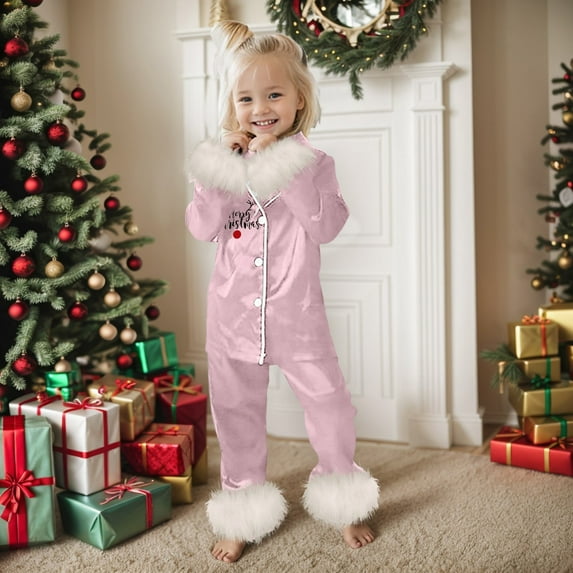 Kid Christmas Pajamas Set Red Girls Satin Pajamas Button-Down Top with Pants 2 Piece Christmas Outfit Girl 12-13 Years Baby Christmas Pajamas