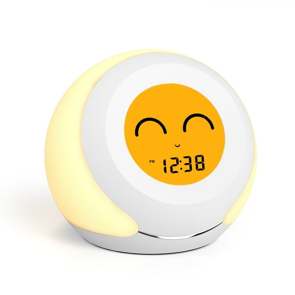 Kid Clock with Room Thermometer, Cute Four Facial Expressions, Hygrometer and LED Colorful Changing, 4 level Dimmer- Indoor Temperature Monitor and Humidity Gauge - LCD Screen Child Alarm Clock