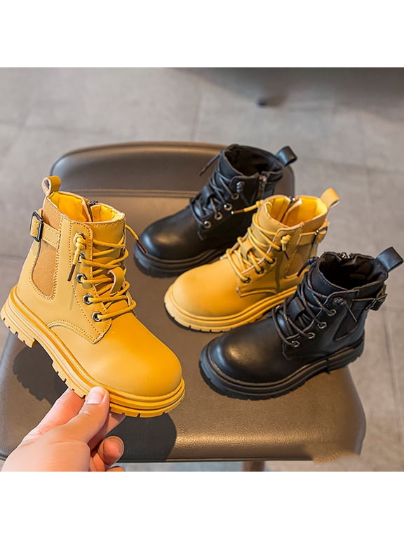 Kid Combat Boots for Boys Girls Wide Toe Box Adjustable Laces Inner Side Zipper Mid Calf Non Slip Motocycle Boots