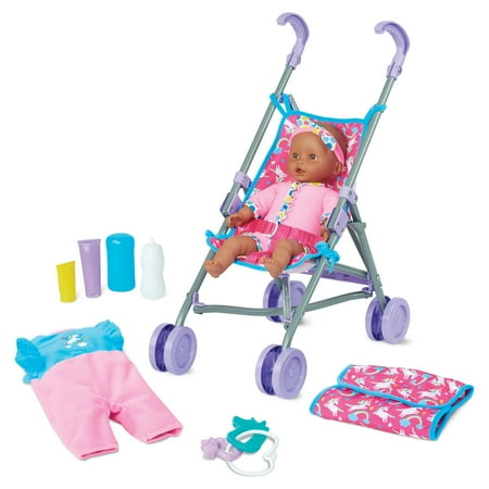 Kid Connection 10-Piece Baby Doll & Stroller Set, Dark Skin Tone