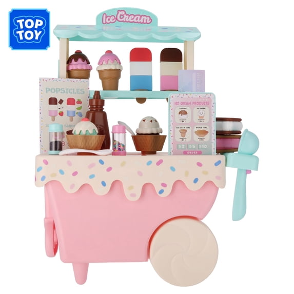 Kid Connection 42-Piece Ice Cream Cart Pretend Play Set with Cones, Popsicles, Toppings, Menu, Tablet & Dress-Up Accessories