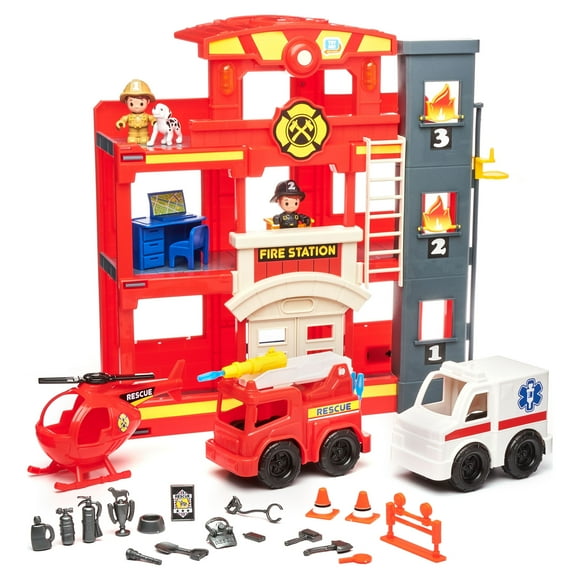Kid Connection Fire Station Emergency Vehicle Playset with Light & Sound. 31 Pieces, Toddler Toys, Age 3+