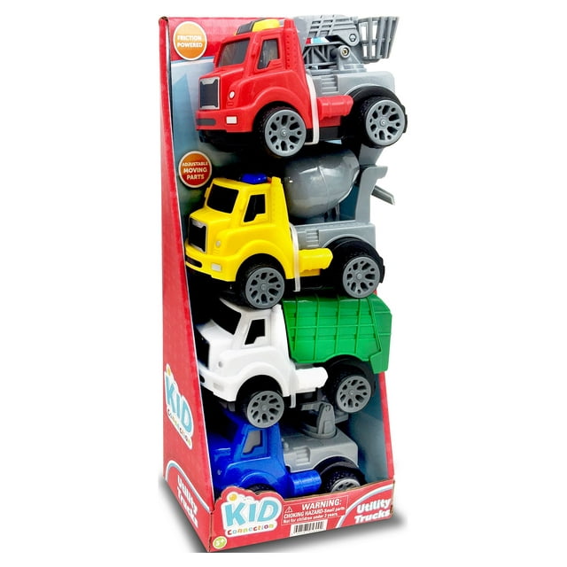 Kid Connection Friction Powered Utility Trucks Play Set, 4 Pieces