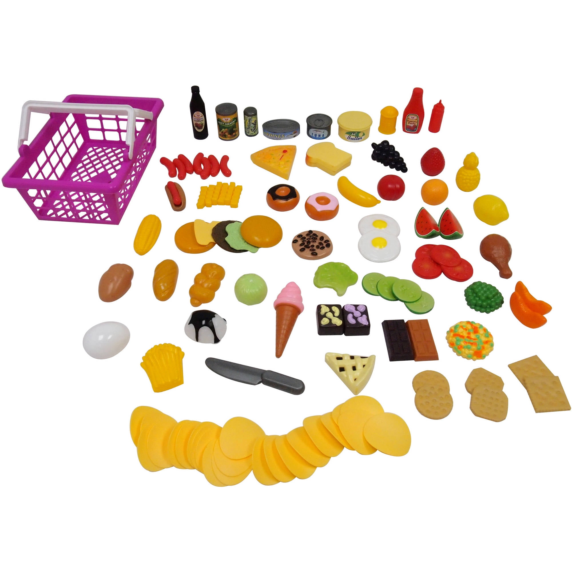 Kid Connection Plastic Play Food Set with Pink Basket, 100 Piece