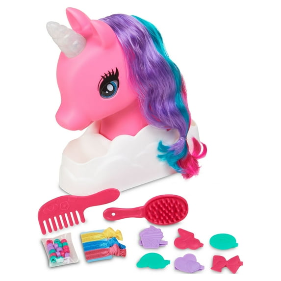 Kid Connection Unicorn Styling Head Toy Play Set, Blue Eyes, Multi-color Hair