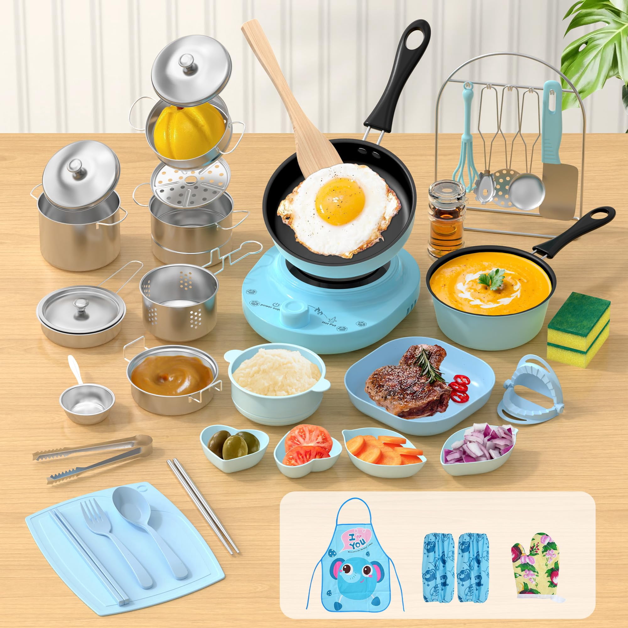 Kid Cooking Sets Real Mini Kitchen, Food Making for Beginner Children 8-12 Boys Girls Cooking Educational Toys, Junior Easy Safe Montessori Tools Dishes Knife Set