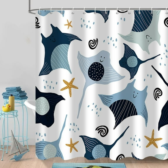 Kid Cute Shower Curtain, Blue Cartoon Manta Ray Starfish Printing Summer Bathroom Curtain Home Decor Waterproof Fabric Machine Washable with 12 Hooks