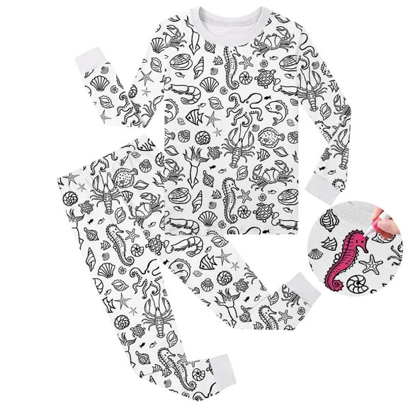 Kid Diy Hand Painted Homewear Set Color Me Pajamas for Boys Girls Funny Cute Cartoon Print Cotton Long Sleeve Crew Neck Top with Pajamas Pants Fashion Pajamas Set for Girls