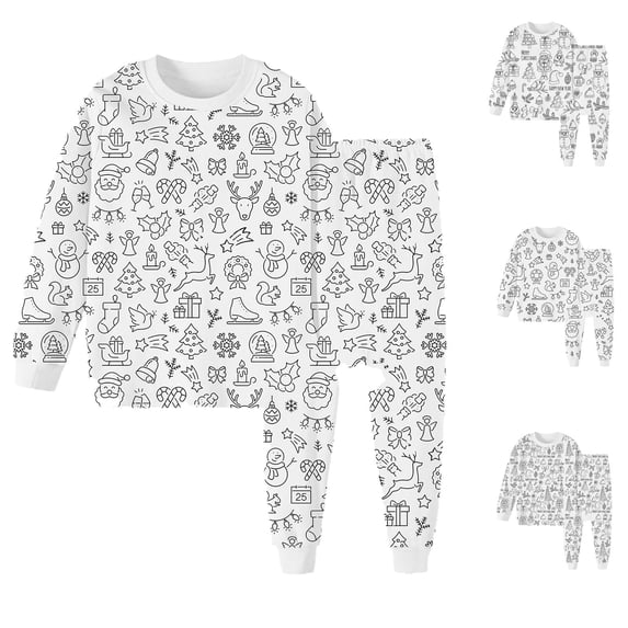 Kid Diy Hand Painted Homewear Set Coloring Pajamas for Toddler Funny Cute Cartoon Print Cotton Long Sleeve Pullover Top with Pajamas Pants Kids Christmas Pjs for Girls 3-4 Years