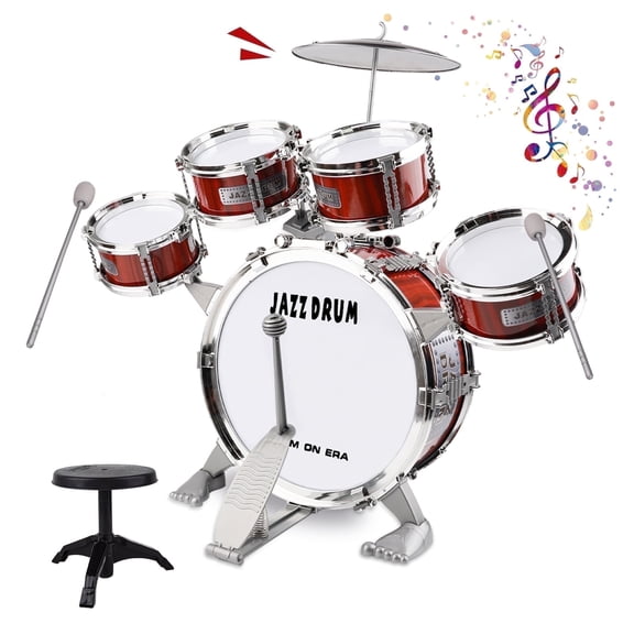 Kid Drum Set for Toddlers, Jazz Drum Set for Kids Age 3-5 with 5 Drums & Stool Musical Instruments Toy, Christmas / Birthday Gift for 3 4 5 Year Old Boys Girls