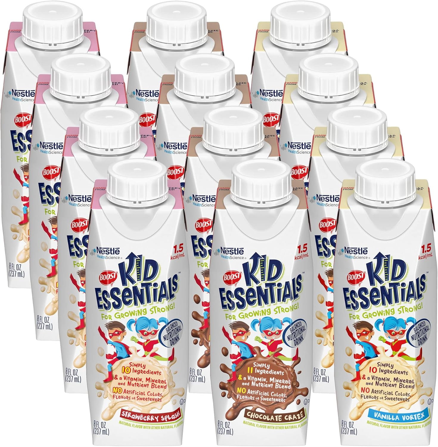 Kid Essentials 1.5 Balanced Nutritional Drink Variety Pack,Strawberry Splash,Chocolate Craze,Vanilla Vortex, 8 FL OZ Bottles (12 CT)