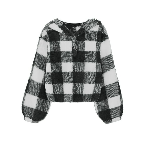 Kid Fleece Lined Tops Damier Hooded Sweater Girls Long Sleeve Loose Sweatshirts Casual Bottom Vneck Outfit Winter Thermal Clothing,01_Black