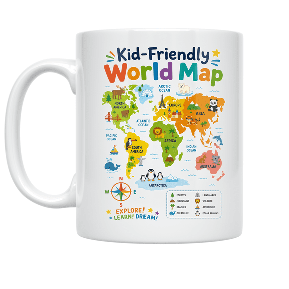 Kid-Friendly World Map Design - Geography Classroom Reference - 11 oz Ceramic Coffee Mug