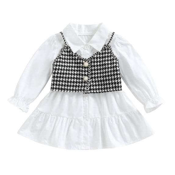 Kid Girl 2Pcs Summer Outfits, Long Sleeve Solid Color Shirt Dress + Houndstooth Cami Tops Set