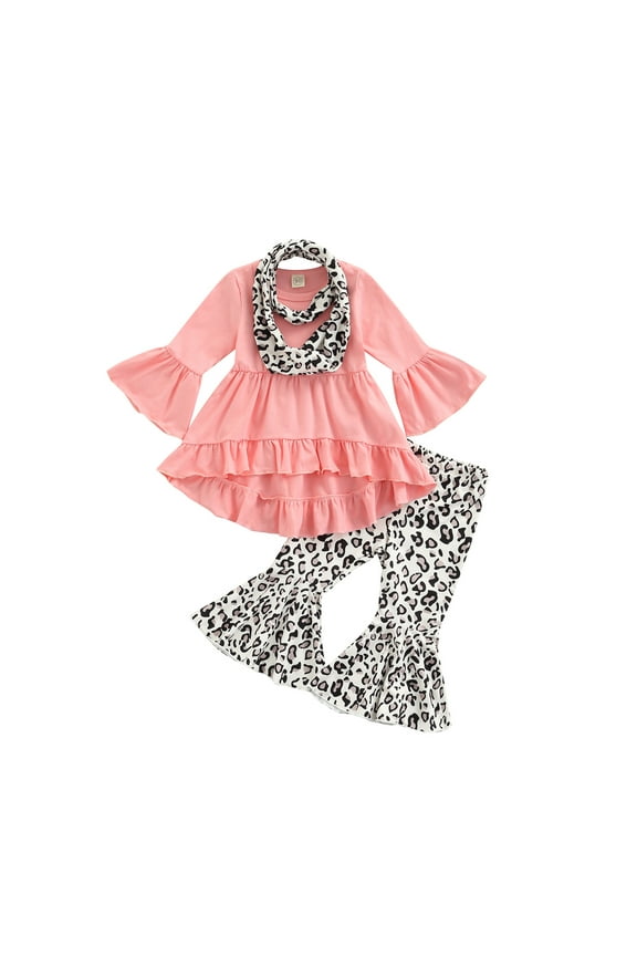 Kid Girl 3-Piece Suit, 12 18 24M 3 4T Long Ruffle Sleeve A-Lined Tops Wide-Leg Dye Printed Casual Trousers + Scarf
