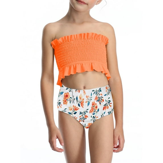 Kid Girl Bikini Sets Ruffle Bandeau Tops High Waist Shorts Bikini Bottom Swimsuit 5-14 Years