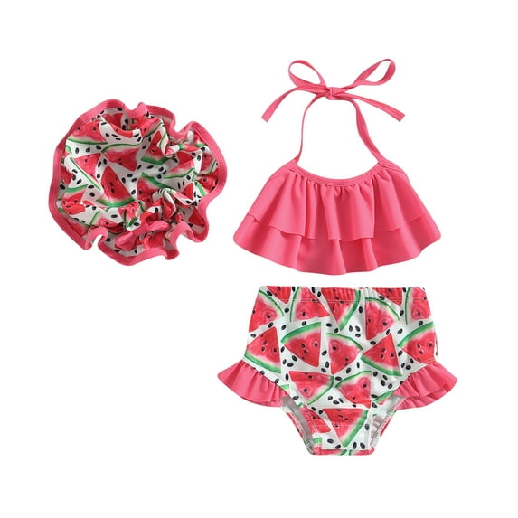 Kid Girl Bikini Swimsuit, Sleeveless Hanging Neck Vest Beach Pool Shorts Swimwear with Hat