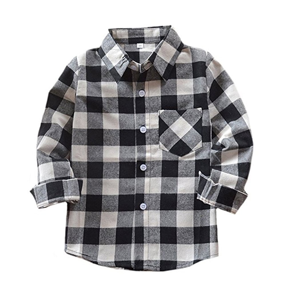 Kid Girl Boy Long Sleeve Button Down Plaid Flannel Shirt Blackwhite