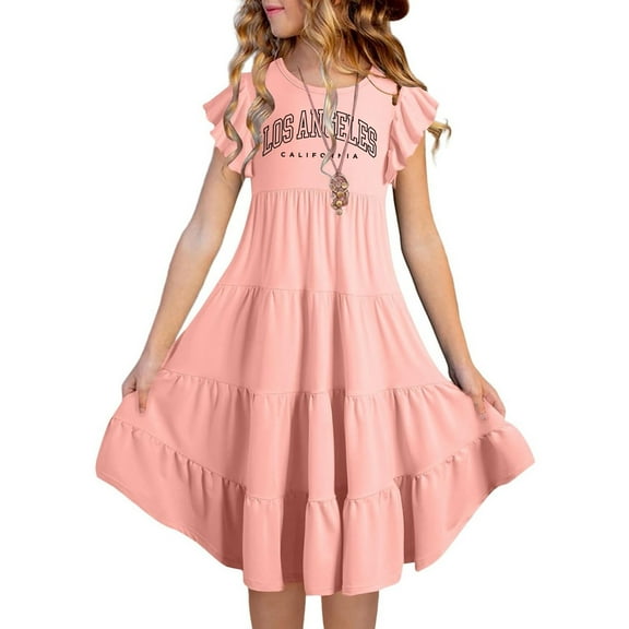 Kid Girl Dress Flutter Sleeve A-Line Tiered Swing Casual Gradient Dress For Girls Birthday Dress For Girls Fancy Dress