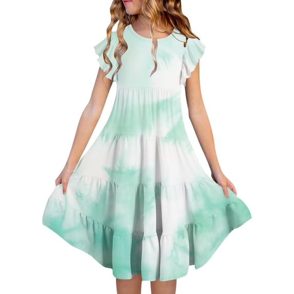 Kid Girl Dresses Flutter Sleeve Tiered Swing A-Line Cotton Gradient Dress For Girls Birthday Dress For Girls Cute Midi Casual Sundress