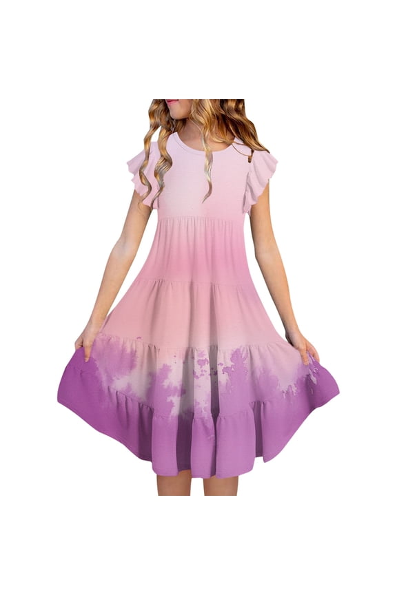 Kid Girl Dress Flutter Sleeve Tiered Swing A-Line Cotton Gradient Dresses For Girls Birthday Dress Girls Spring Dresses For Girls