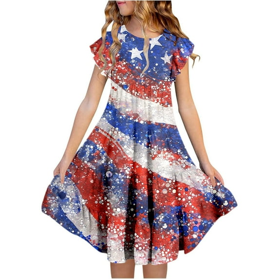 Kid Girl Dresses Ruffled Sleeve Tiered Swing A-Line Cute 4th Of July Dresses For Girls Birthday Dress For Girls Sun Dresses Fancy Dress