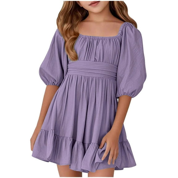 Kid Girl Dresses Short Sleeve A-Line Tiered Swing Cute Purple Dresses For Girls Birthday Dress Girls Party Dress