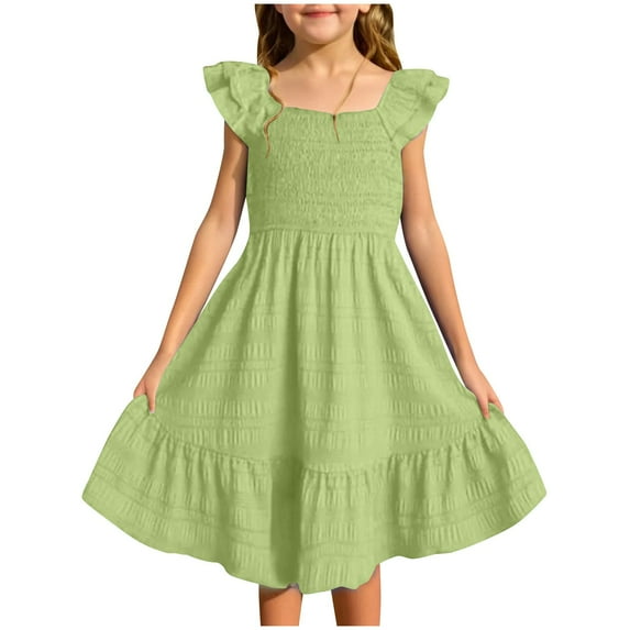 Kid Girl Dress Sleeveless Tiered Swing A-Line Casual Light Green Dress Girls Birthday Dress Girls' Special Occasion Dresses