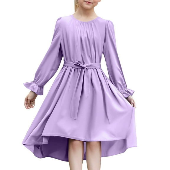 Kid Girl Dress Long Sleeve A-Line Tiered Swing Casual Light Purple Dresses For Girls Birthday Girl Dress Cute Midi Casual Sundress