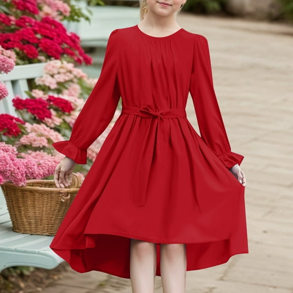 Kid Girl Dresses Long Sleeve A-Line Tiered Swing Cute Red Dress For Girls Birthday Dresses For Girls Girls' Special Occasion Dresses